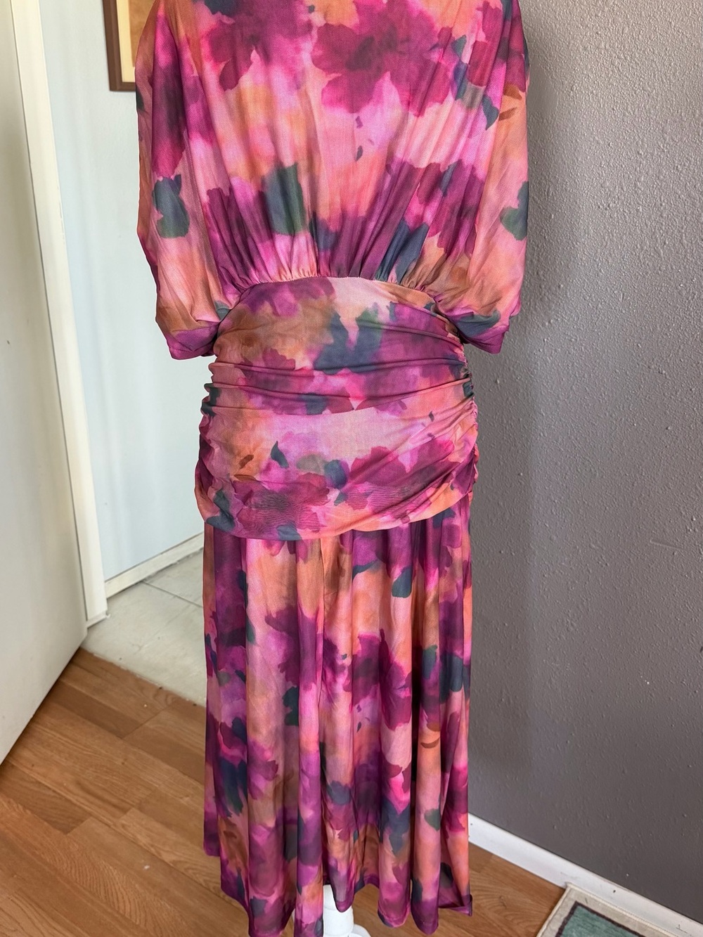 Pink Multi-Color V-Neck Ruched Midi Dress - Picture 4 of 7